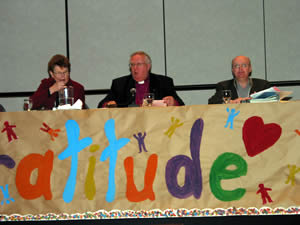 The (Gratitude) banner at the Head Table (where Archdeacon Marion Vincett, Bishop Ralph Spence, and Chancellor Rob Welch are seated) was created by the youth delegates to Synod