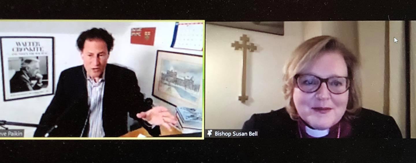 Screenshot of Bishop Susan with Steve Paikin on Zoom
